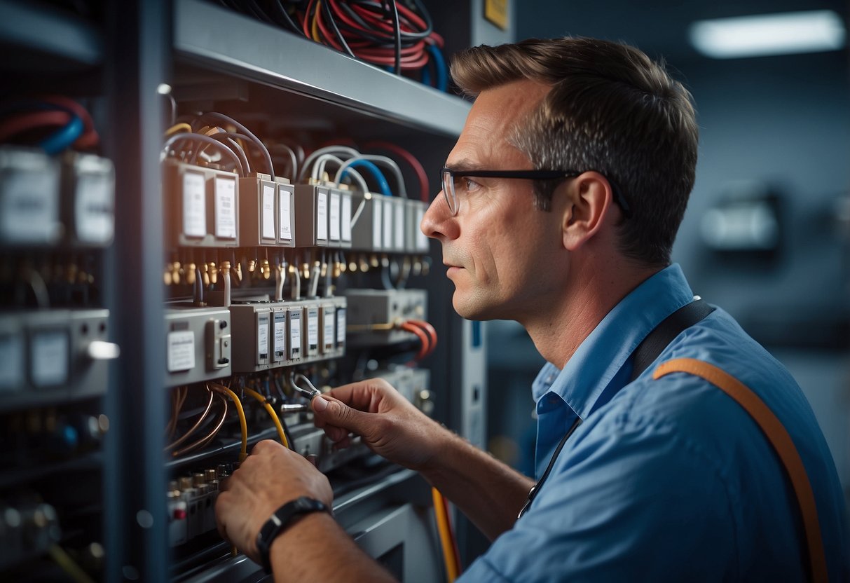 A technician inspects HVAC system with precision tools, checking components for compliance with warranty requirements