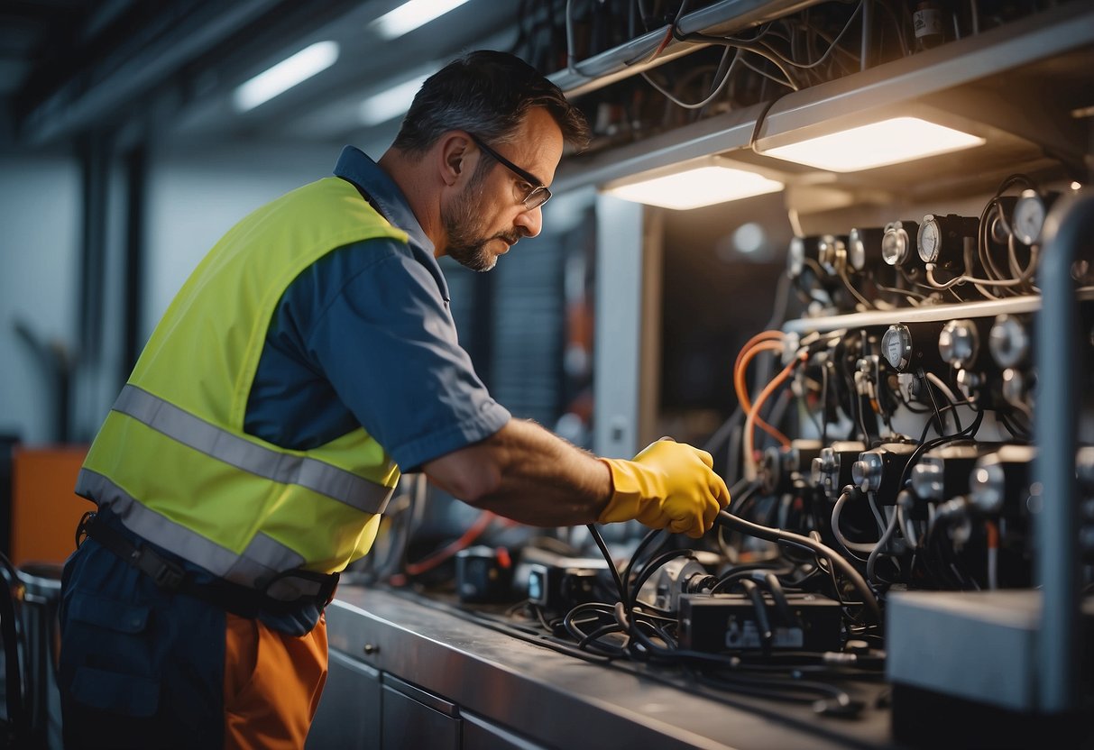 A technician inspecting and cleaning HVAC equipment with tools and safety gear in a well-lit and organized maintenance area