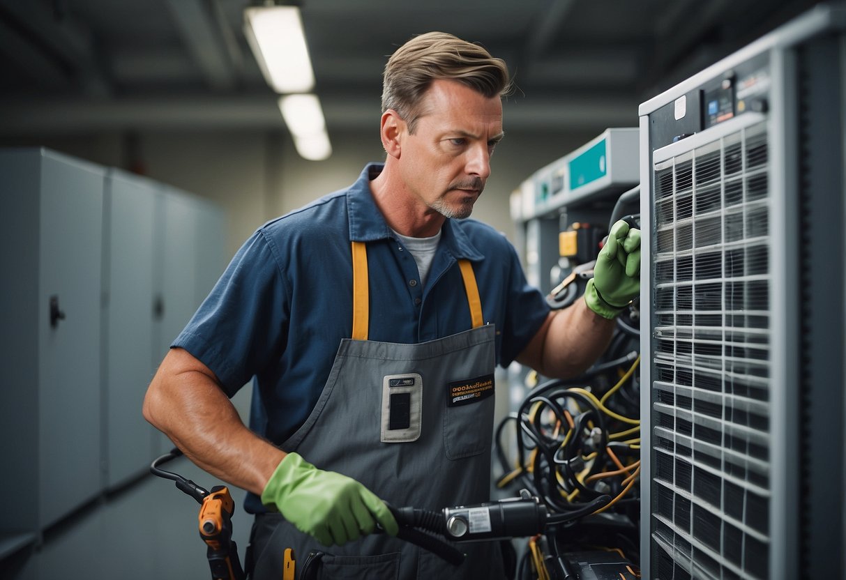 An HVAC technician inspects, cleans, and tests equipment. Tools, filters, and safety gear are organized nearby. The area is well-lit and tidy, with a sense of professionalism and attention to detail