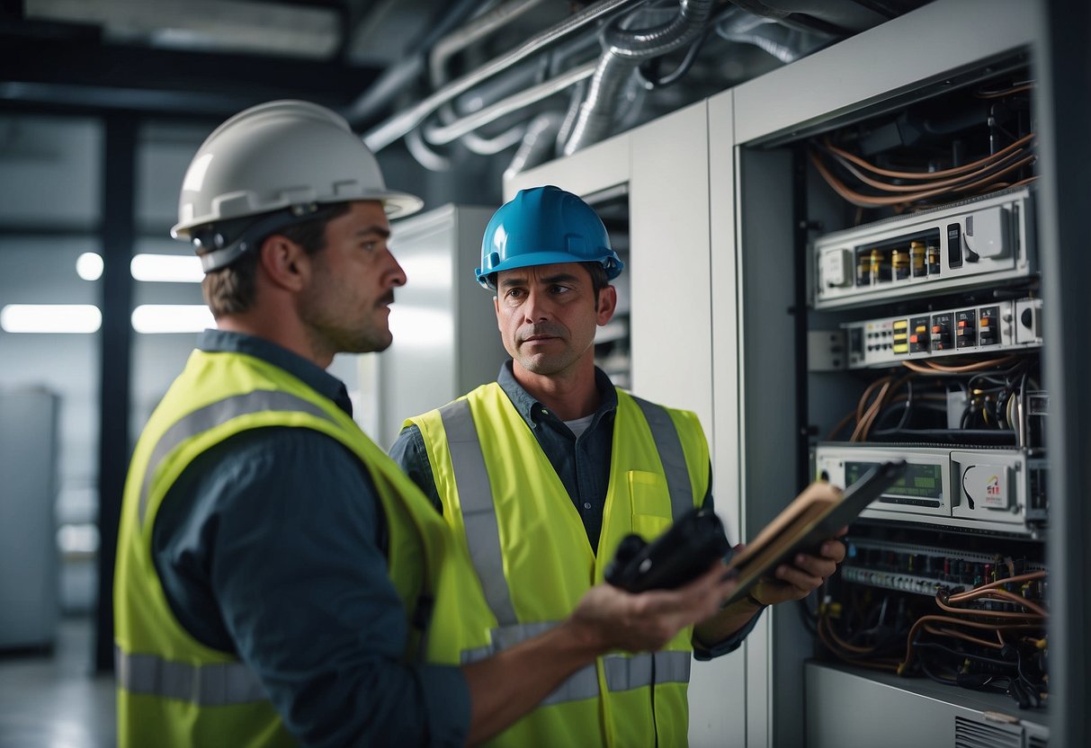 An HVAC technician inspects a modern HVAC system, surrounded by energy-efficient equipment and tools. A green environment with clean air and minimal waste is depicted