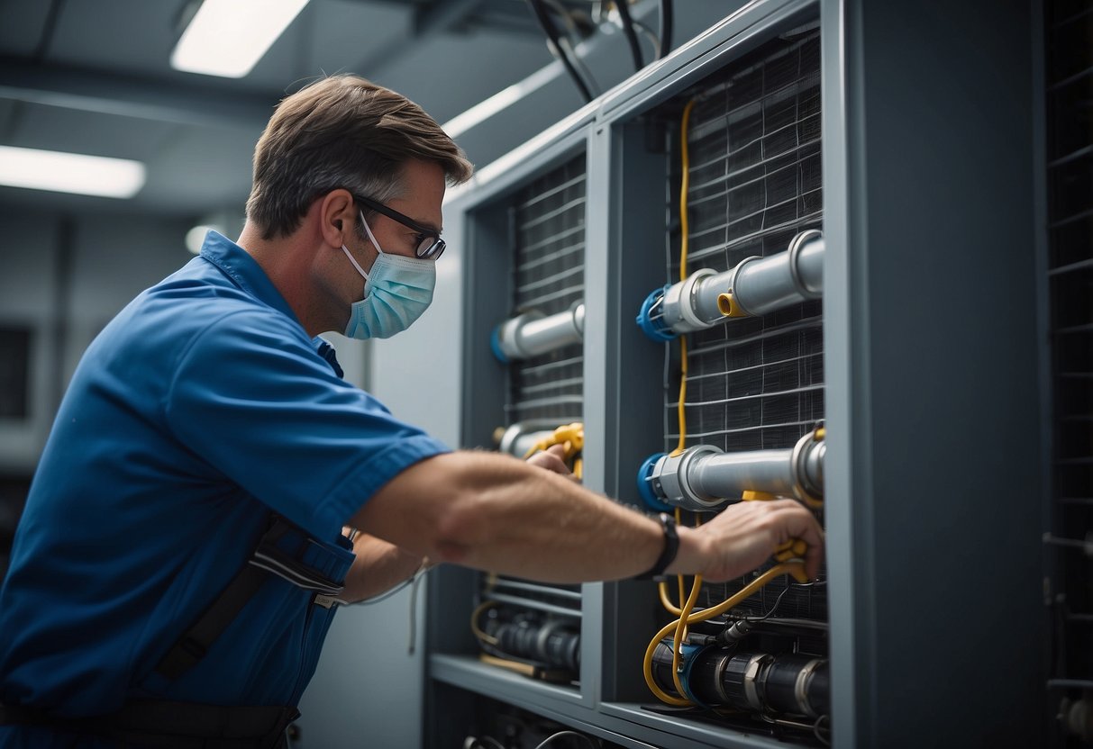 A technician performs routine maintenance on an HVAC system, checking filters and cleaning coils. Energy-efficient equipment and sustainable practices are highlighted