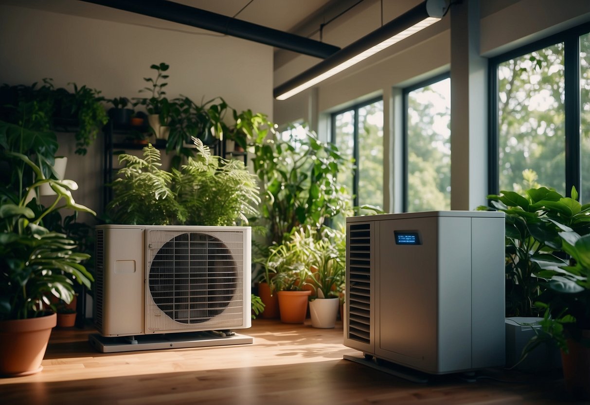 A modern HVAC system surrounded by greenery, clean air, and a glowing energy-efficient lightbulb. The system is being maintained by a professional technician, minimizing its environmental impact