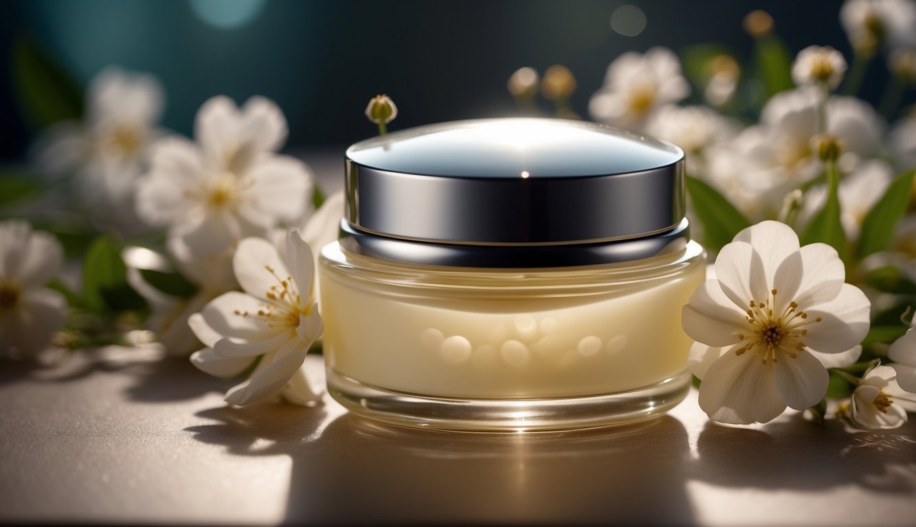 An elegant jar of eye cream surrounded by delicate flowers and soft, glowing light