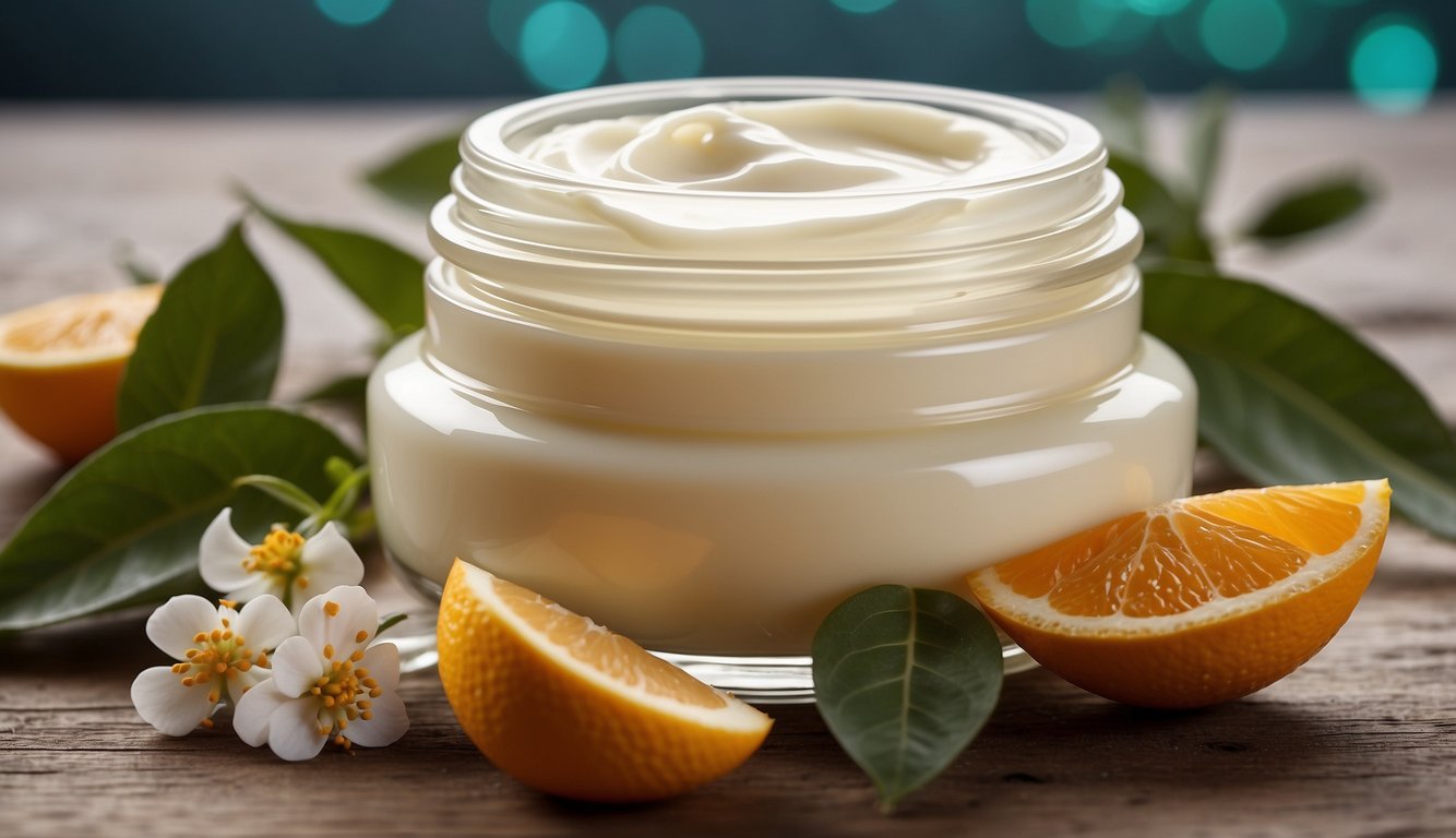 A jar of eye cream surrounded by ingredients like hyaluronic acid, retinol, and vitamin C, with a focus on reducing wrinkles