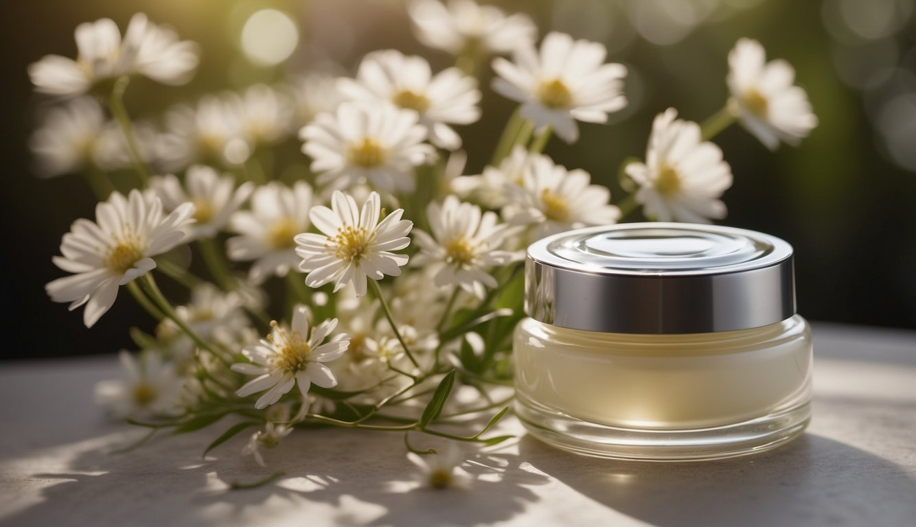 A jar of anti-wrinkle eye cream surrounded by delicate flowers and soft lighting