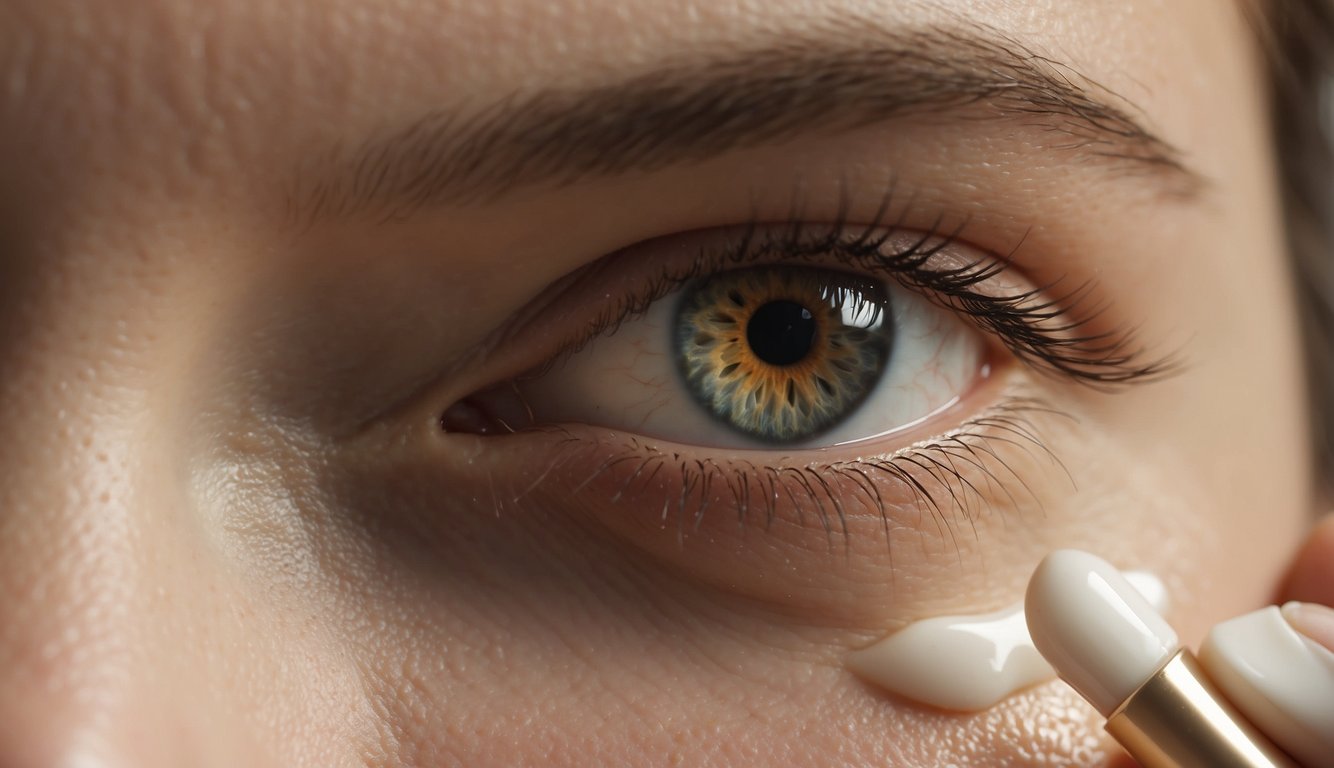 A serene scene of a luxurious eye cream being delicately applied to the delicate skin around the eye, with a focus on the product's firming and tightening properties