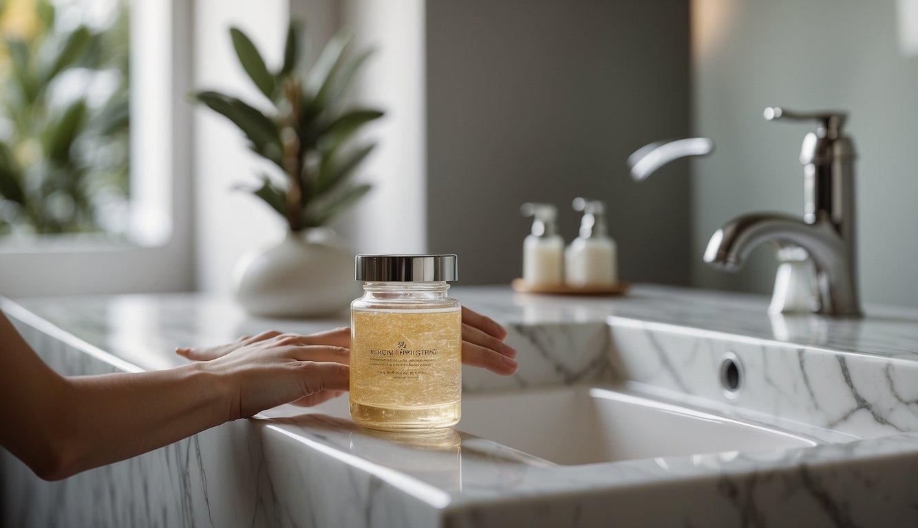 A serene, minimalist bathroom with a soft, natural light. A delicate hand reaches for a luxurious jar of eye cream on a marble countertop