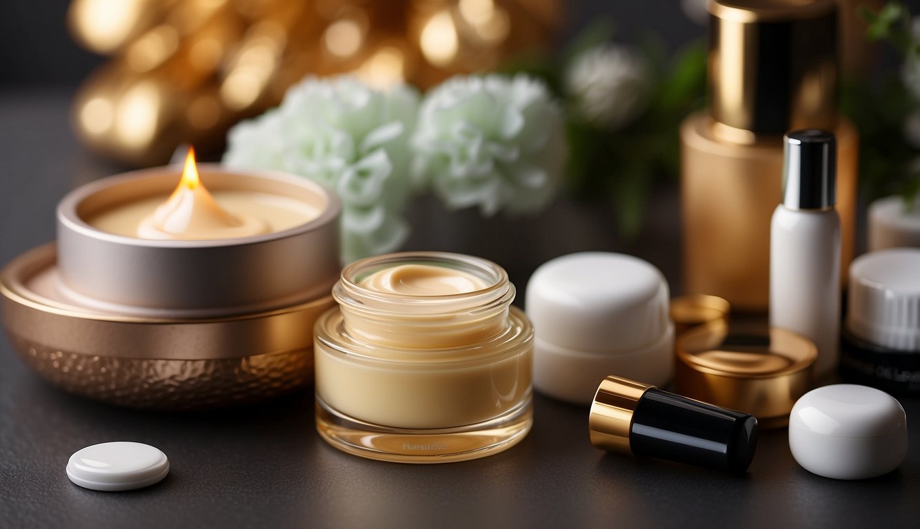 A luxurious jar of eye cream surrounded by trendy and stylish beauty products