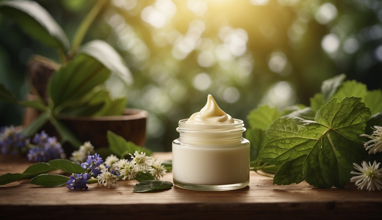 A jar of natural eye cream surrounded by botanical ingredients and home remedies