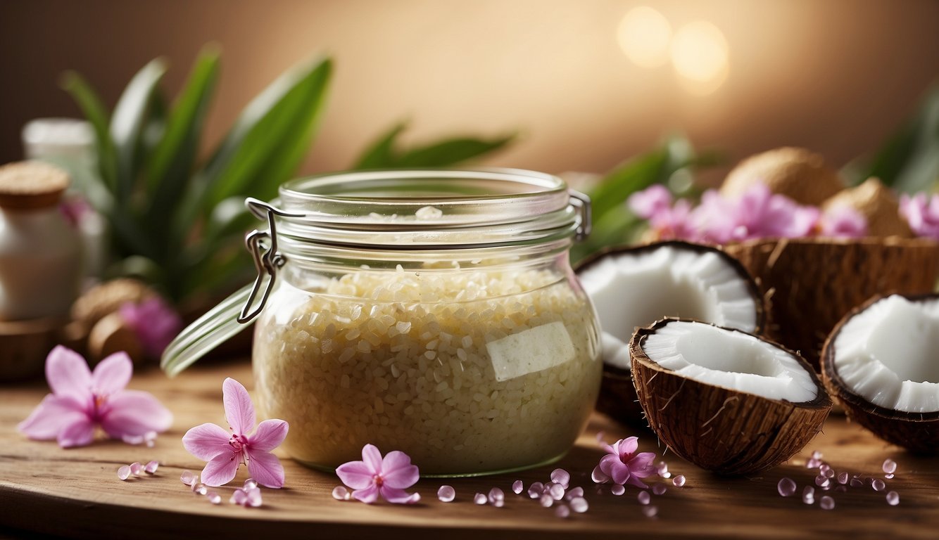 A jar of body scrub surrounded by natural ingredients like sea salt, coconut oil, and essential oils. A spa-like atmosphere with soft lighting and calming colors