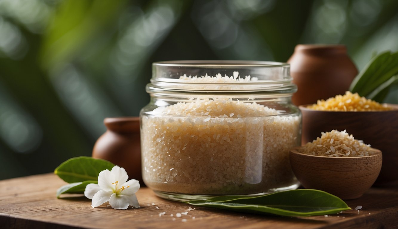 A jar of body scrub sits on a wooden shelf, surrounded by natural ingredients like sea salt, coconut oil, and fragrant essential oils