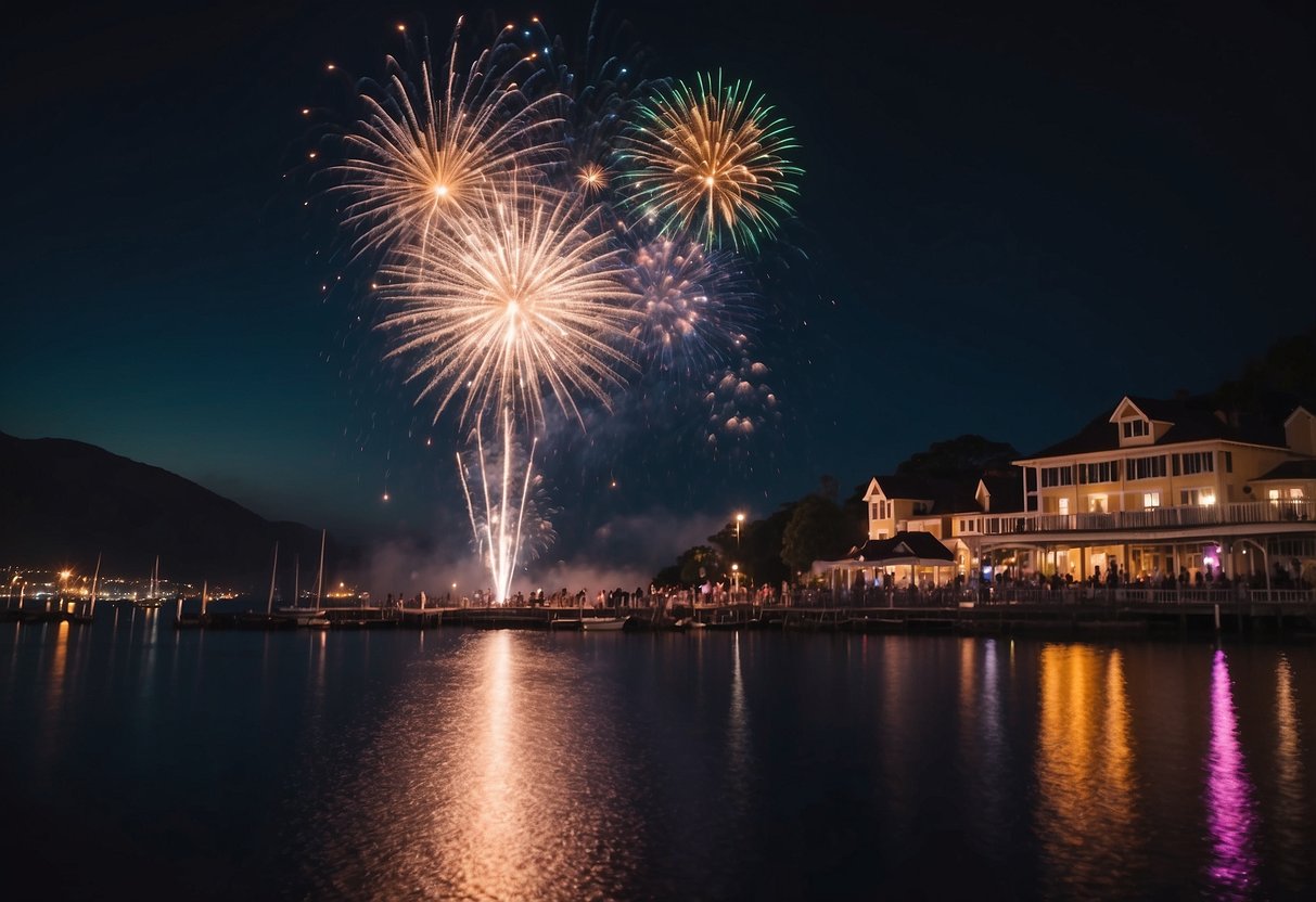 Vibrant fireworks light up the night sky over a bustling waterfront, as families gather for live music and food festivals in a picturesque coastal town