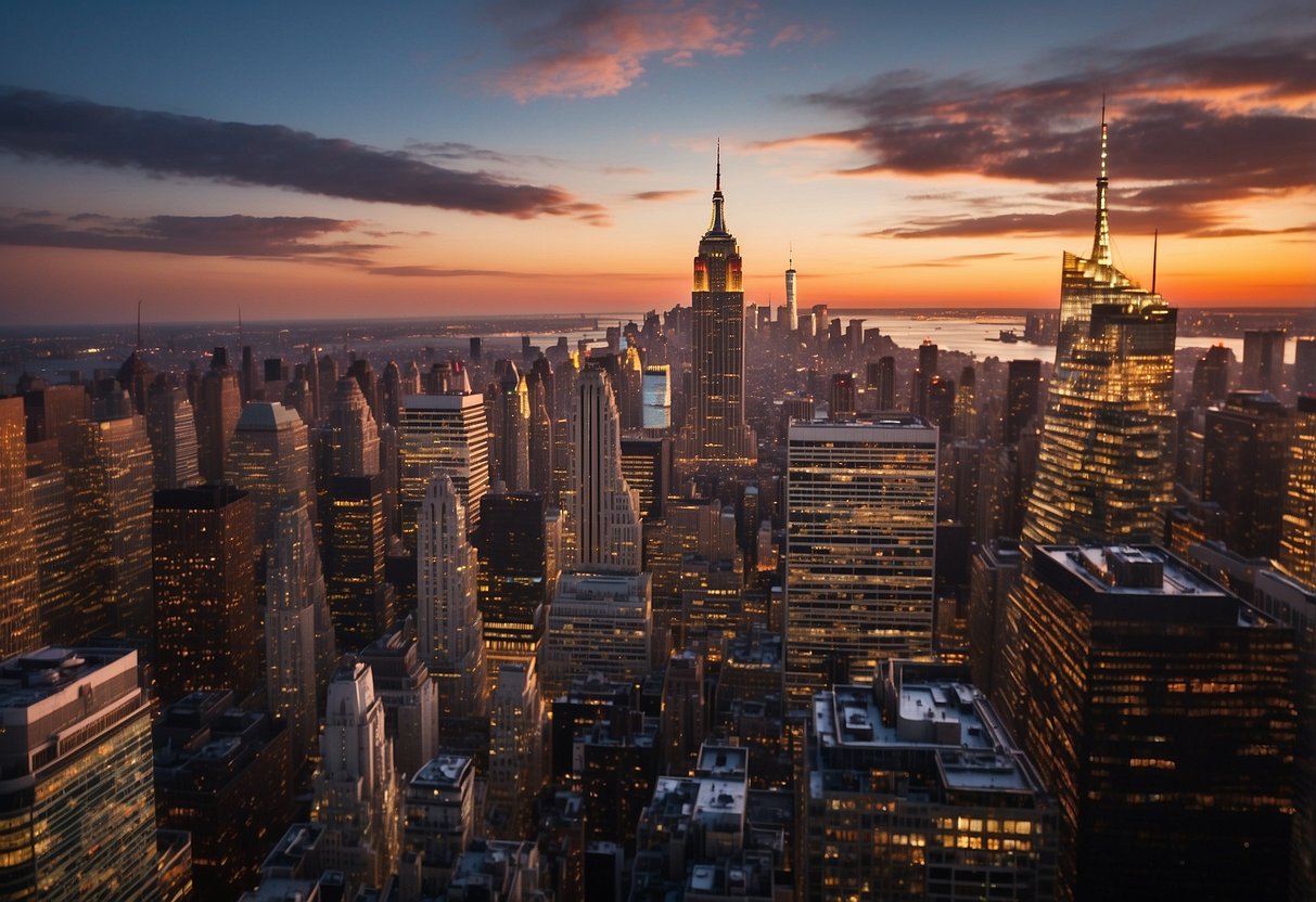 The iconic skyline of New York City with its towering skyscrapers and bustling streets, set against the backdrop of a vibrant sunset