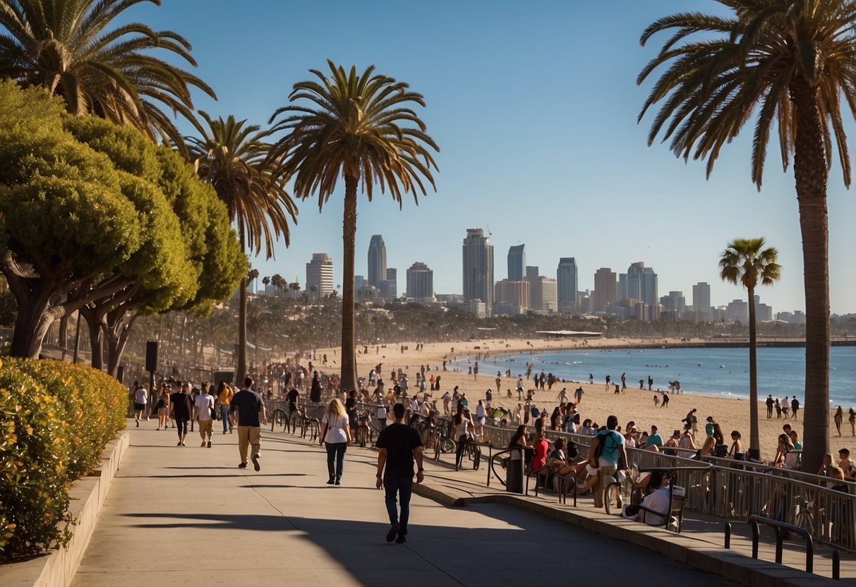 Sunny San Diego skyline with beachgoers, palm trees, and iconic landmarks like the USS Midway and Balboa Park, bustling with activity for the long weekend