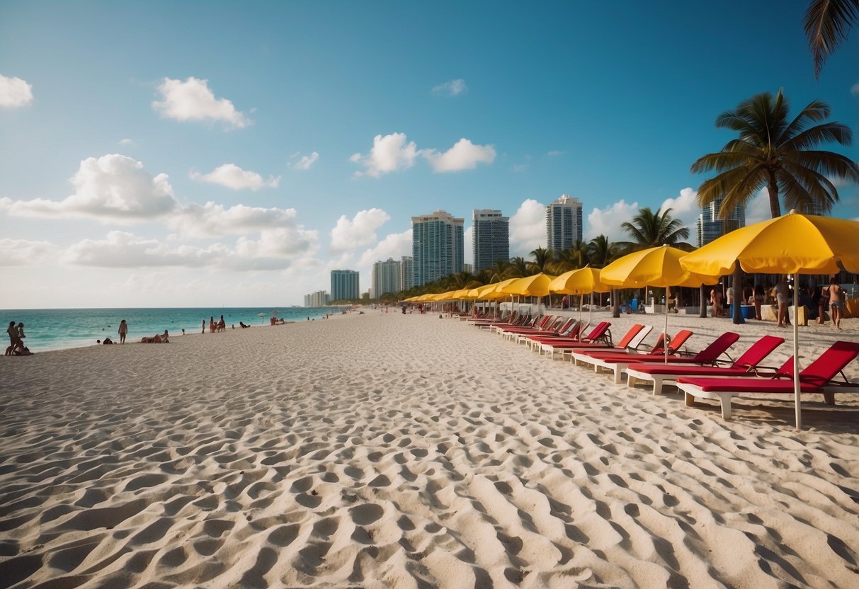 Vibrant Miami Beach skyline with palm trees, white sandy beaches, and colorful beach umbrellas lining the coast on a sunny Labor Day weekend