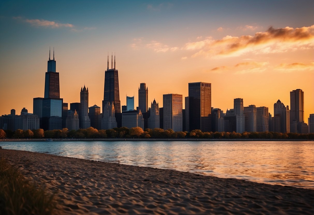 The Chicago skyline at sunset, with the iconic architecture and Lake Michigan in the background