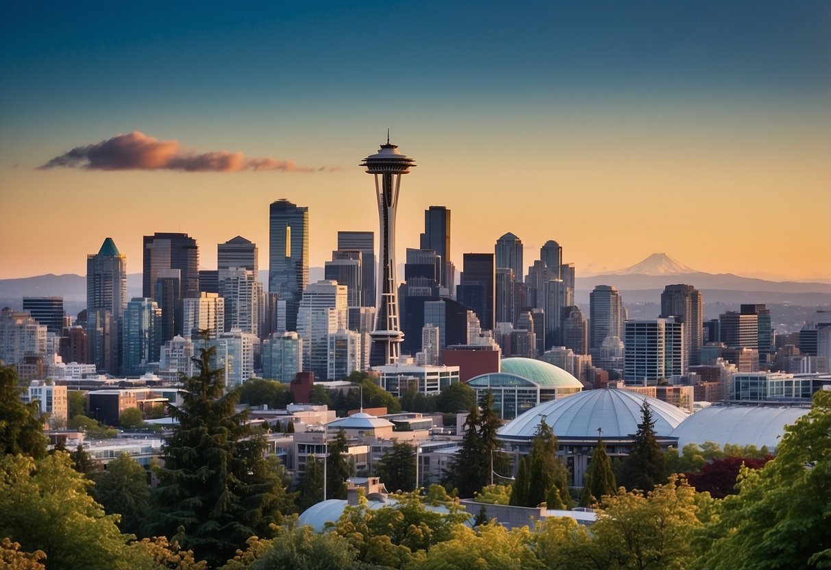 Sweeping view of Seattle skyline with iconic Space Needle against a backdrop of blue skies and lush greenery. Waterfront and bustling city streets below