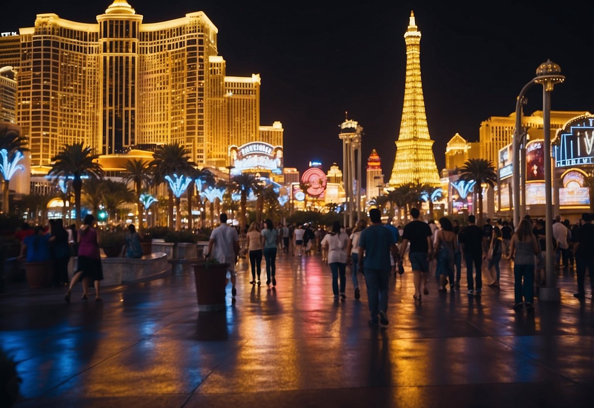 Bright lights of Vegas strip, bustling with tourists. Iconic casinos and hotels line the street, with fountains and neon signs. A lively atmosphere fills the air