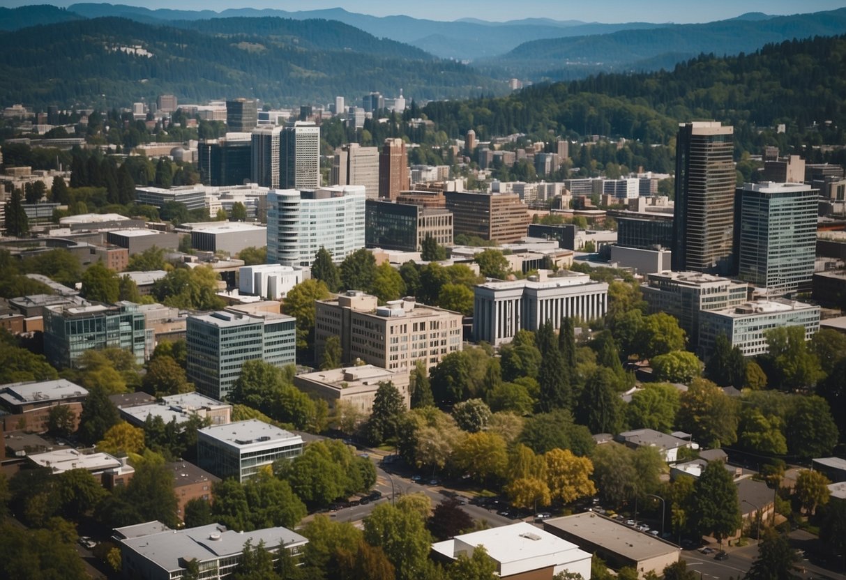 Aerial view of Portland, OR with iconic landmarks and vibrant cityscape, surrounded by lush greenery and scenic waterways