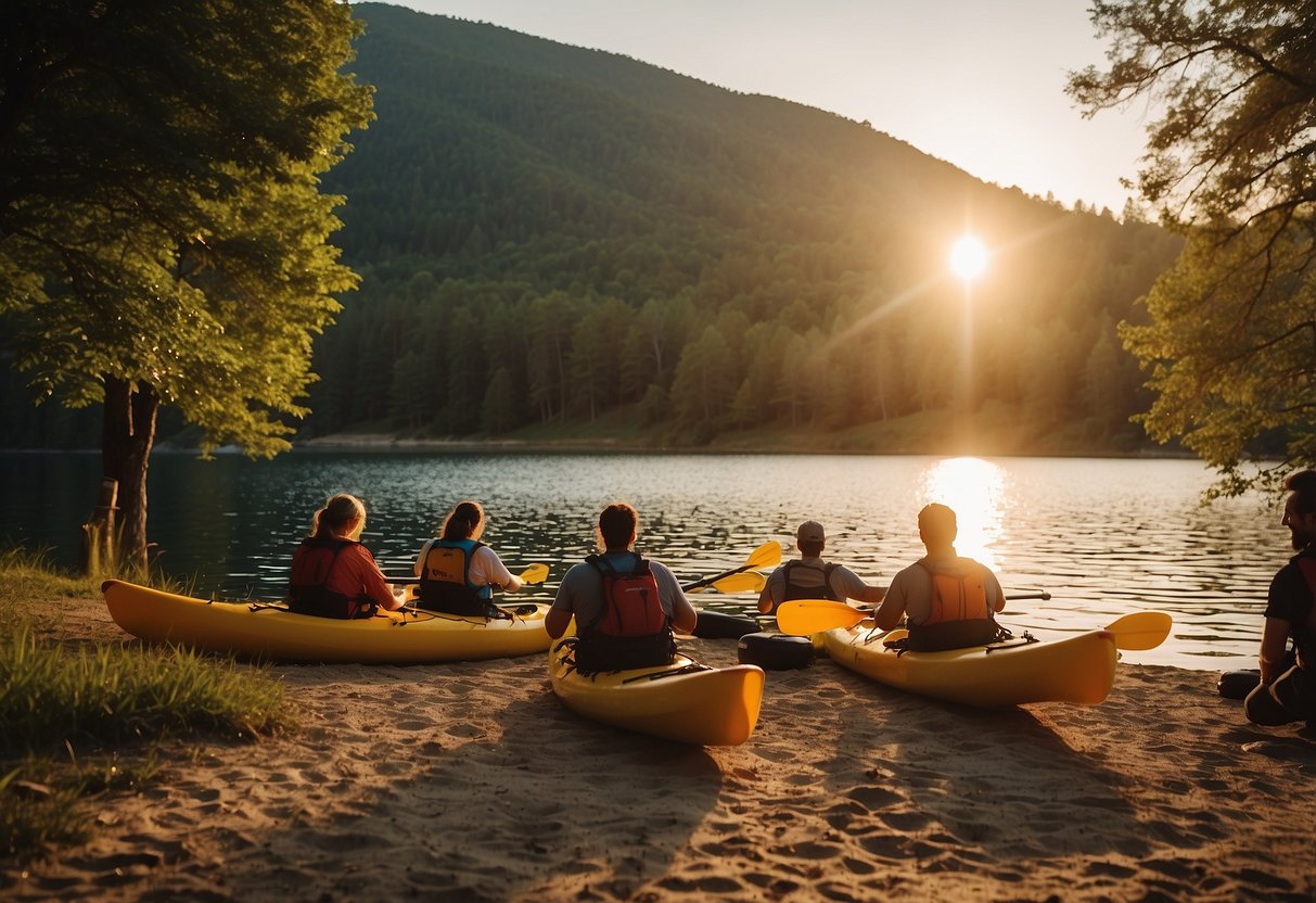 People kayaking on a serene lake, families picnicking in a lush park, friends hiking through scenic trails, and couples enjoying a sunset beach bonfire