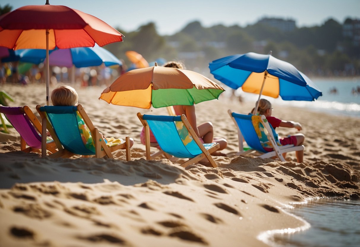 Families enjoying outdoor activities at a beach, with colorful umbrellas and beach chairs set up along the shore. Children playing in the sand and splashing in the water, while parents relax and enjoy the sunshine