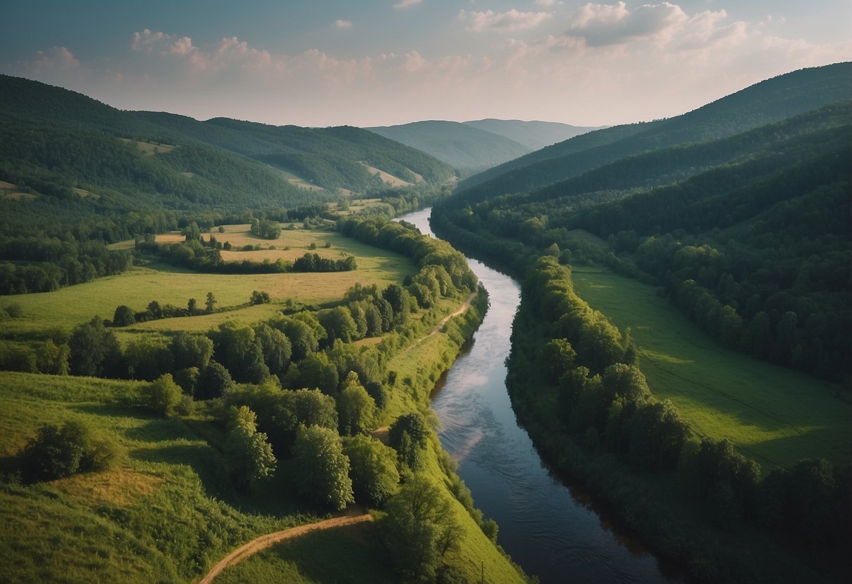 Lush green forests and rolling hills define Dzūkija, with a tranquil river winding through the landscape