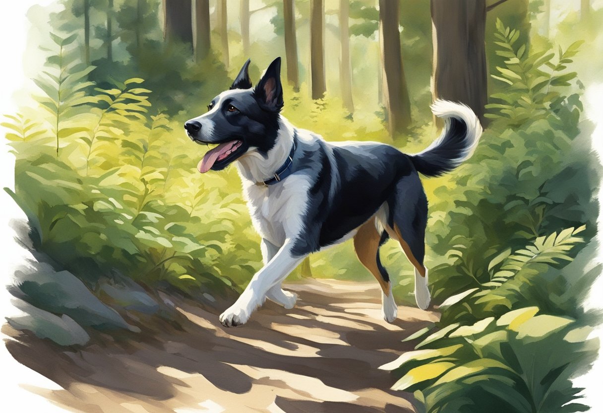 A dog runs through a lush forest, tongue lolling and tail wagging. The sun filters through the trees, casting dappled light on the winding path ahead. A sense of adventure and freedom fills the air