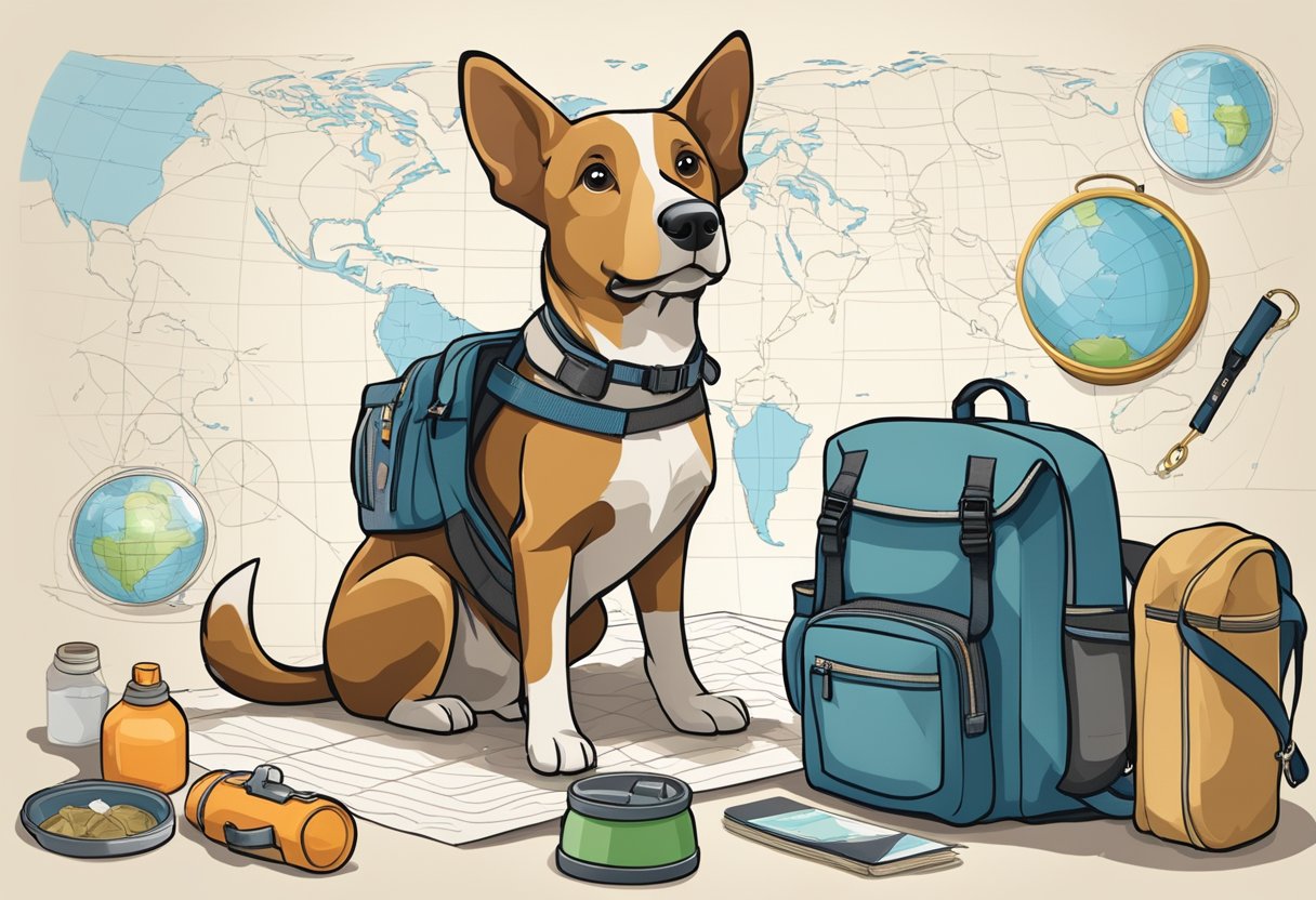 A dog sits eagerly by a backpack filled with supplies, while a leash and collapsible water bowl lay nearby. A map and compass are spread out, ready for the upcoming outdoor adventure