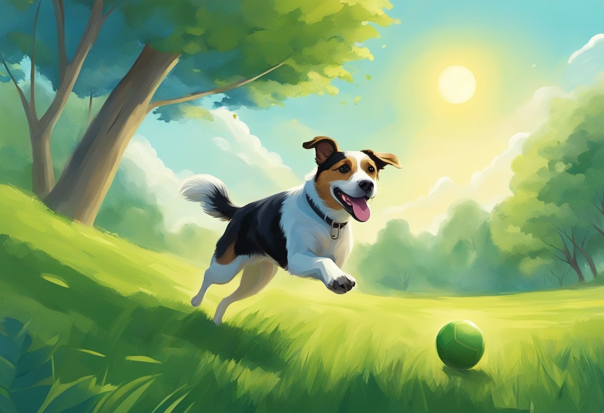 A dog running through a lush green park, chasing a ball. A person throws the ball, smiling as the dog eagerly retrieves it. Trees and blue skies in the background