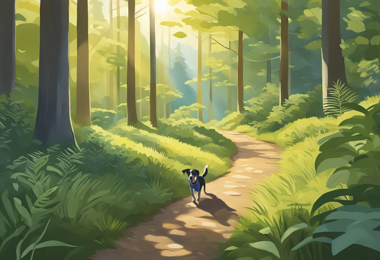 A dog happily hikes through a lush forest, with a winding trail leading into the distance. The sun filters through the trees, casting dappled shadows on the ground. Birdsong fills the air as the dog explores the natural surroundings