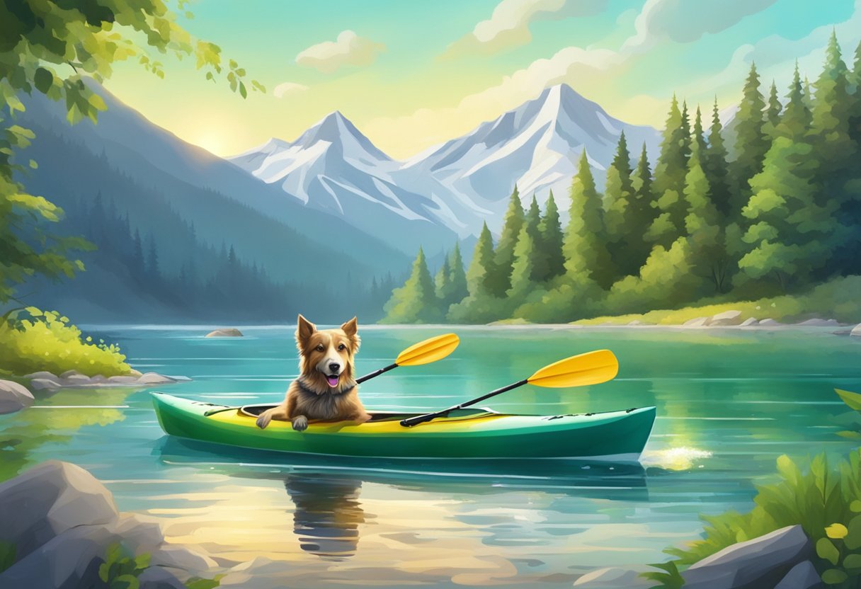 A dog splashes in a sparkling lake, surrounded by lush green trees and mountains. A kayak and paddle lie on the shore, ready for an outdoor adventure