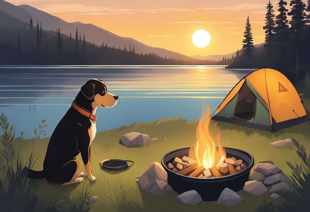 A dog sits by a crackling campfire, surrounded by a tent, hiking gear, and a bowl of water. The sun sets over a tranquil lake, as the dog eagerly looks out into the wilderness