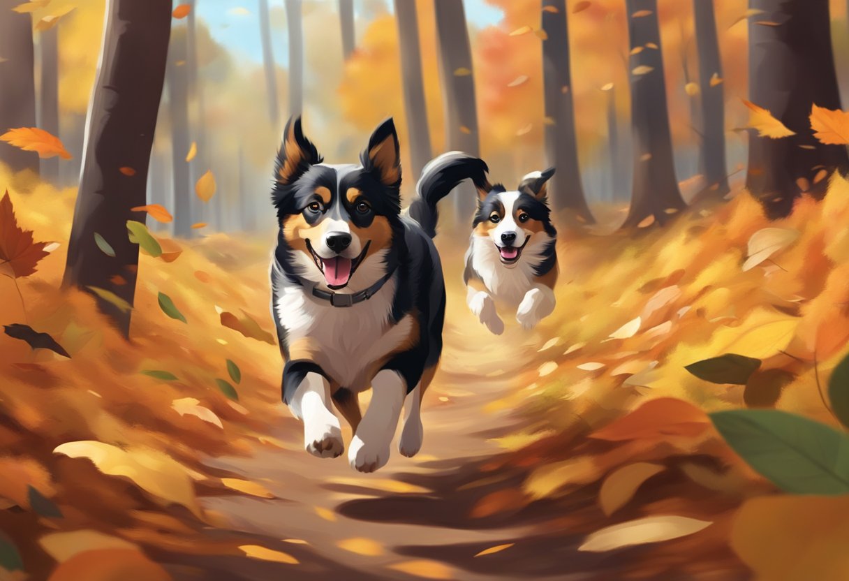 A dog running through a colorful autumn forest, leaves falling around them as they explore the outdoors with their owner