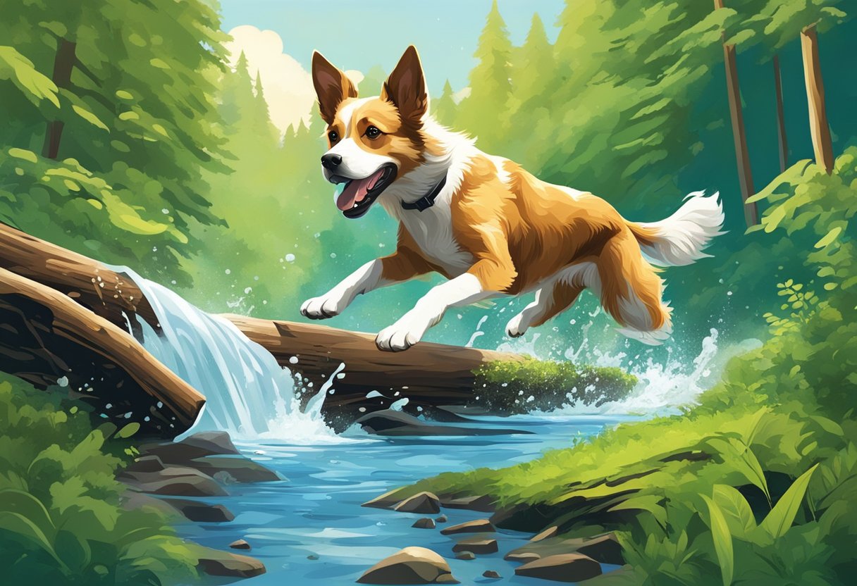 A dog running through a lush green forest, jumping over fallen logs and splashing through a crystal-clear stream, with a bright blue sky and fluffy white clouds overhead