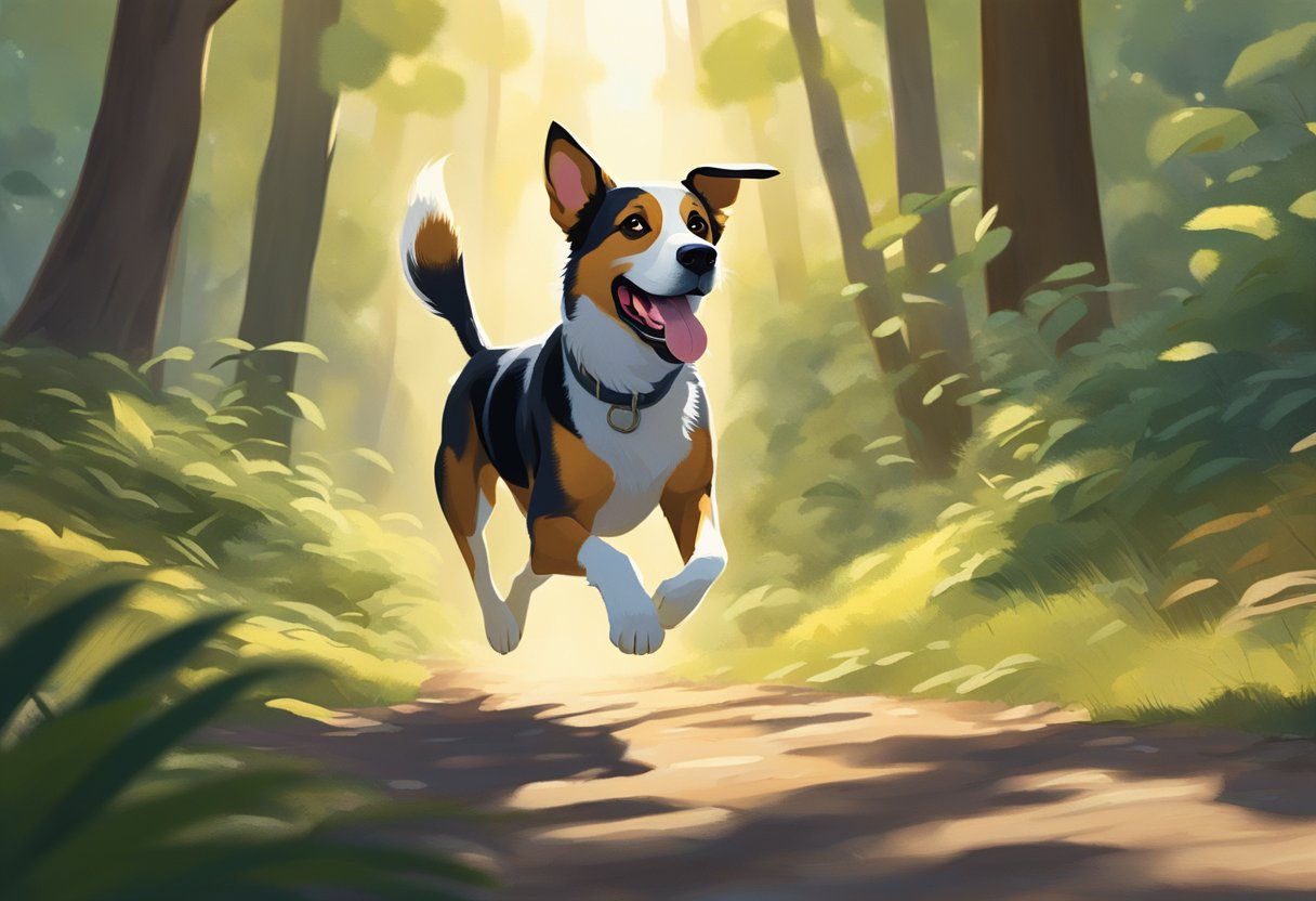 A dog runs happily through a lush forest, leash trailing behind. Sunlight filters through the trees, casting dappled shadows on the ground. The dog's ears are perked up, and its tail wags with excitement as it explores the great