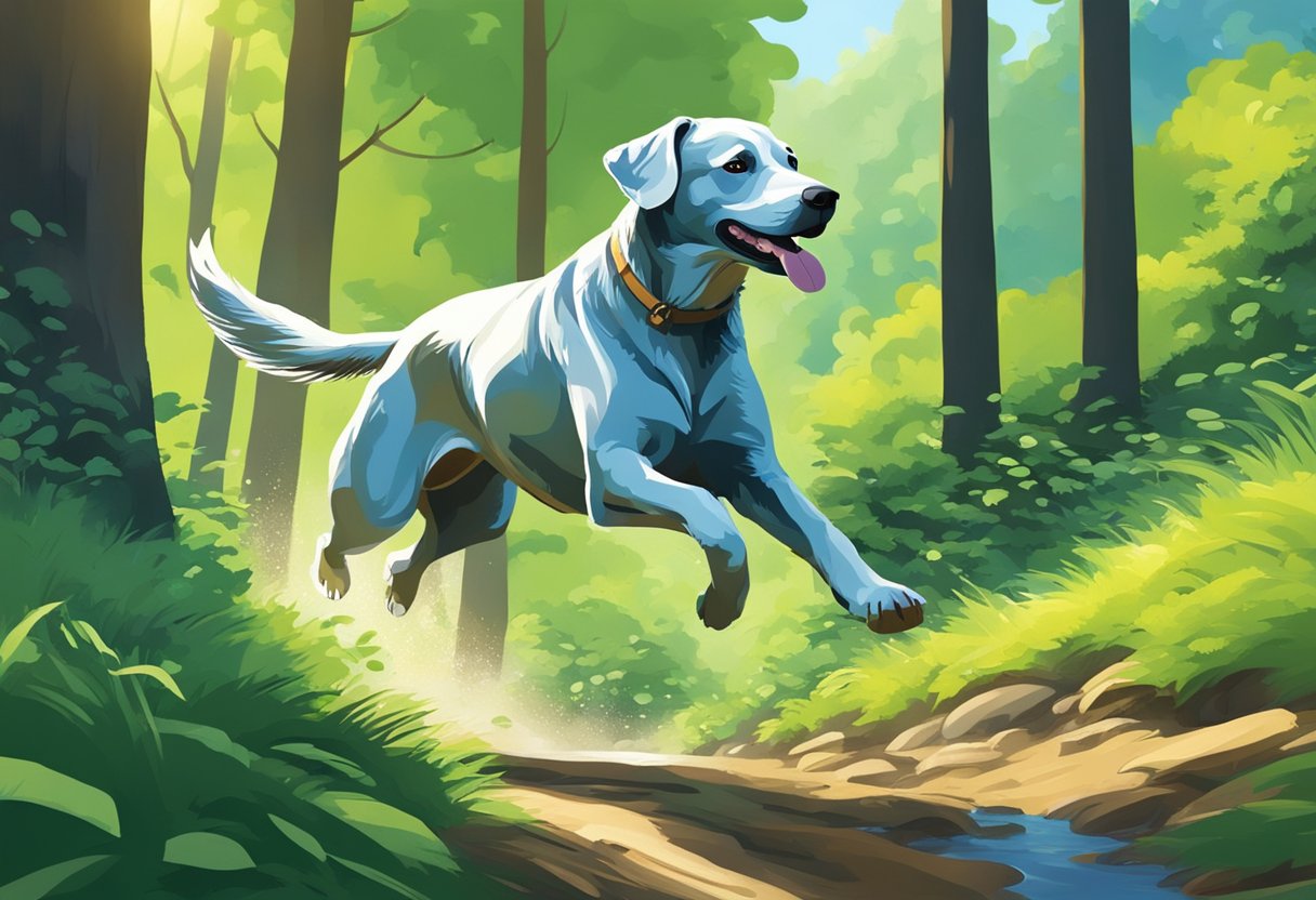 A dog running through a lush forest, with vibrant green trees and a clear blue sky in the background, while a stream glistens in the sunlight