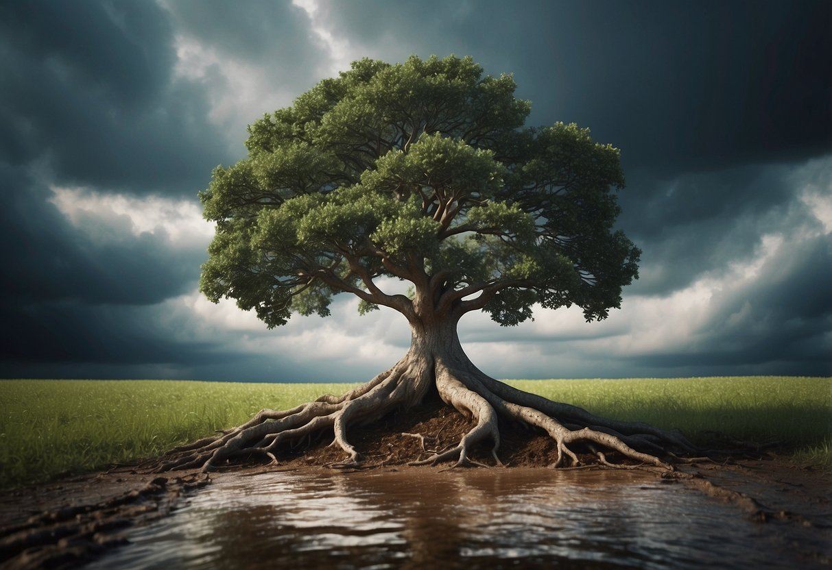 A sturdy tree withstands a fierce storm, its roots anchored deep in the ground, symbolizing resilience in the face of adversity