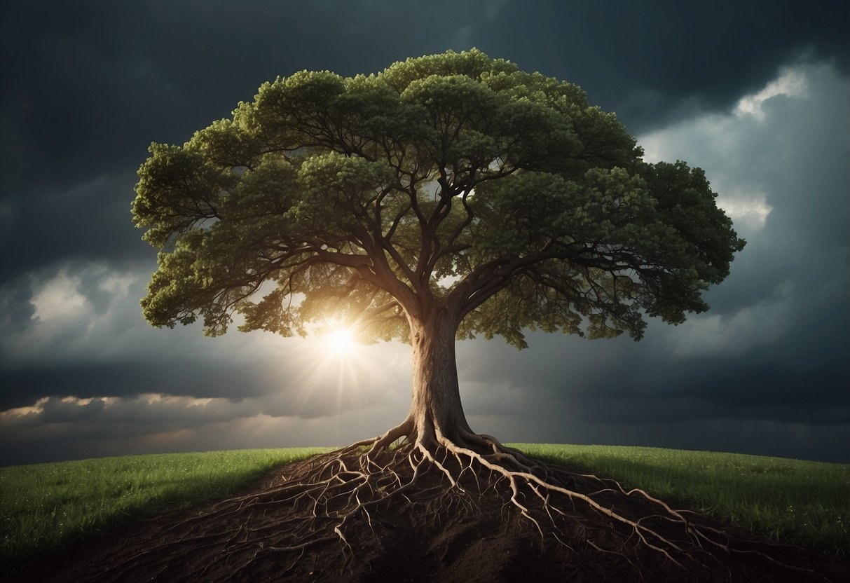 A tree with deep roots withstands a storm, while a ray of light breaks through dark clouds, symbolizing resilience as an expression of faith and hope