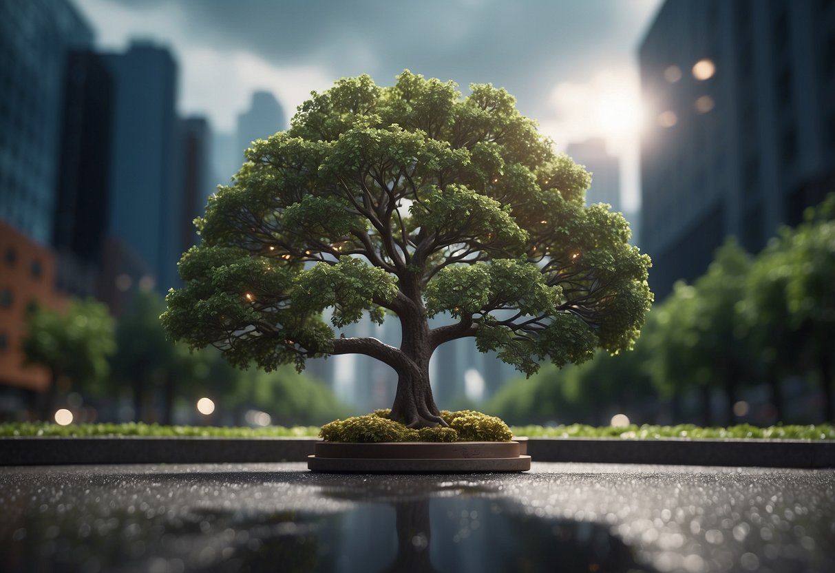 A tree bending but not breaking in a storm, surrounded by modern life symbols like technology and city buildings