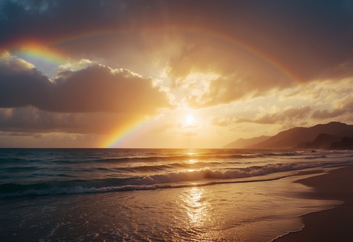 A scene of a radiant sunrise over a calm sea, with a rainbow in the sky, symbolizing God's promise and human resilience