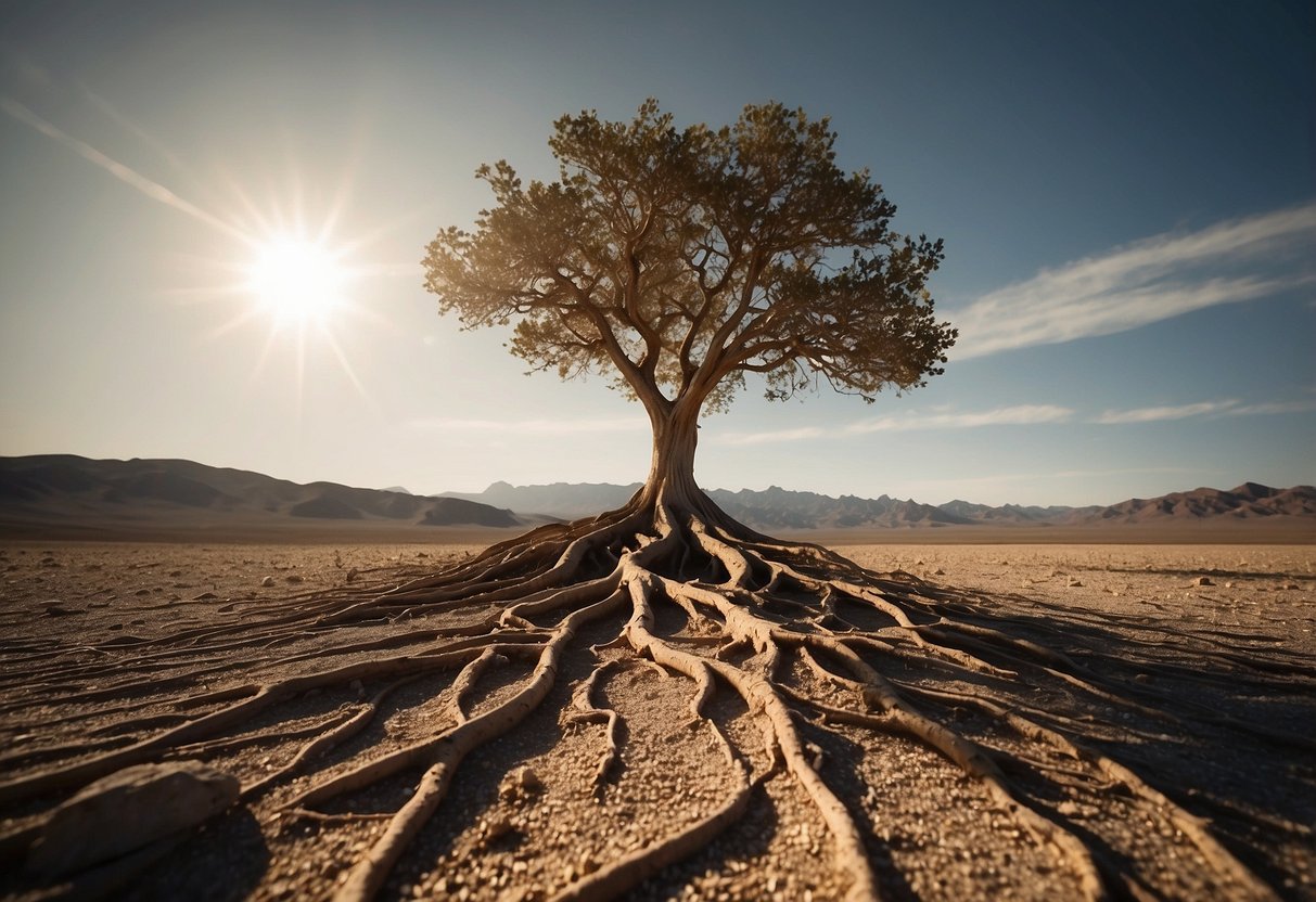 A lone tree stands tall in a barren landscape, weathered by harsh winds and relentless sun. Its roots dig deep into the rocky ground, symbolizing human resilience