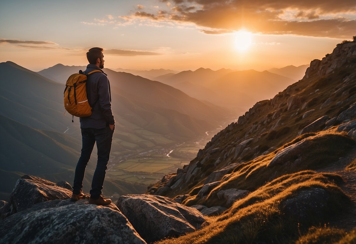 A person standing on a rocky path, facing a steep mountain. The sun is setting, casting a warm glow on the rugged terrain. The person's posture exudes determination and strength