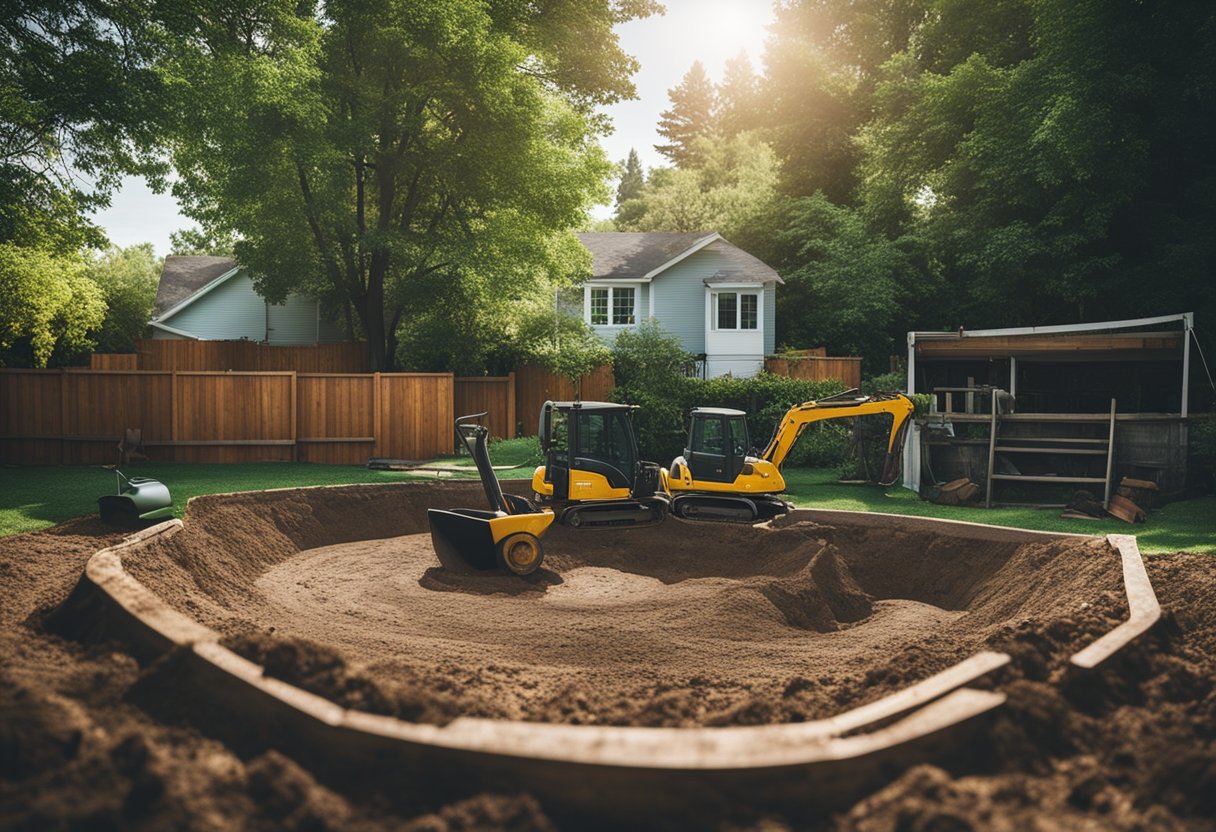 A backyard with a spacious, level area, surrounded by greenery and featuring a large, empty hole being dug for an in-ground pool. A shovel, wheelbarrow, and construction equipment are scattered around the site