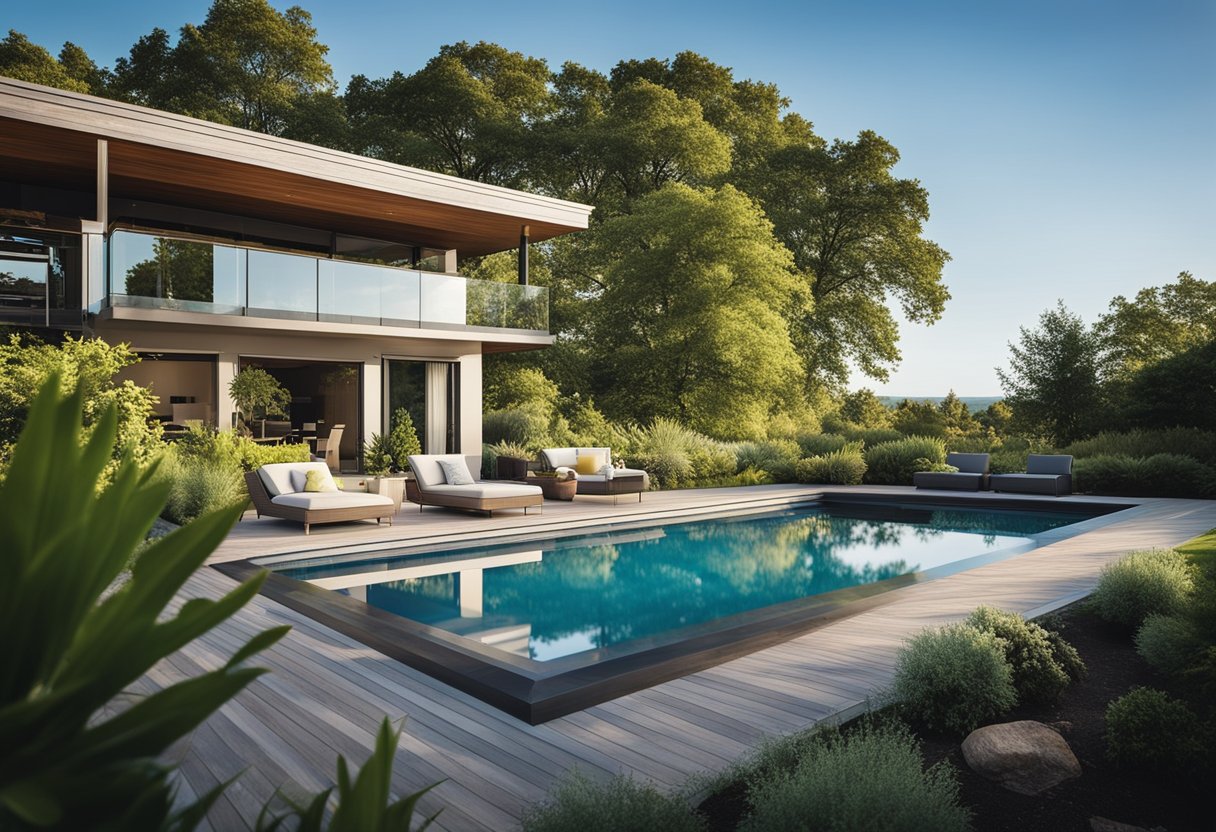 A vinyl inground pool surrounded by lush landscaping and a spacious deck, with crystal-clear water reflecting the blue sky and providing a serene and inviting space for relaxation and recreation