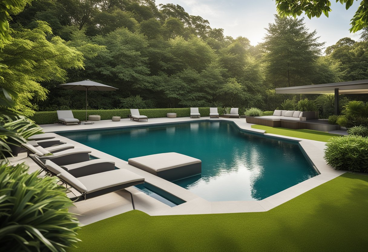 A vinyl inground pool stands out against a backdrop of lush green landscaping, showcasing its smooth, durable surface and clean, modern design