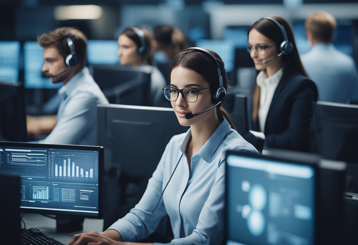 A bustling call center with AI software in action, screens displaying data, and employees collaborating with the technology