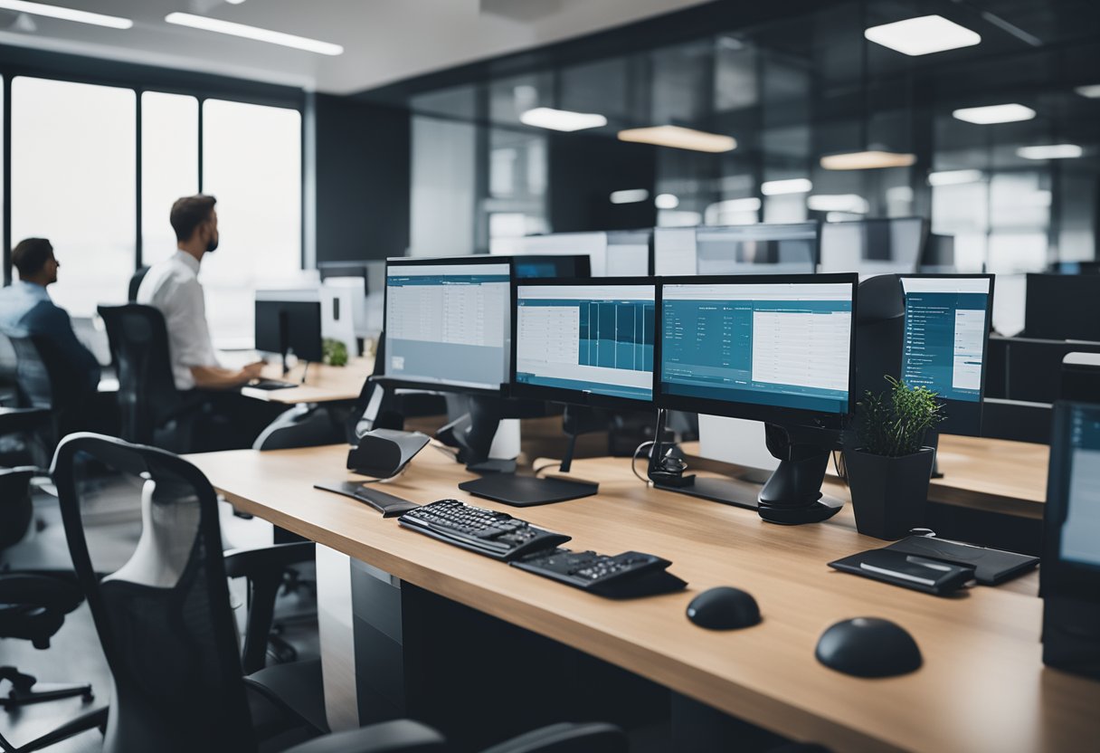 A bustling office with a phone ringing off the hook, various AI call answering service providers displayed on a computer screen, and a checklist of factors to consider for choosing the best service