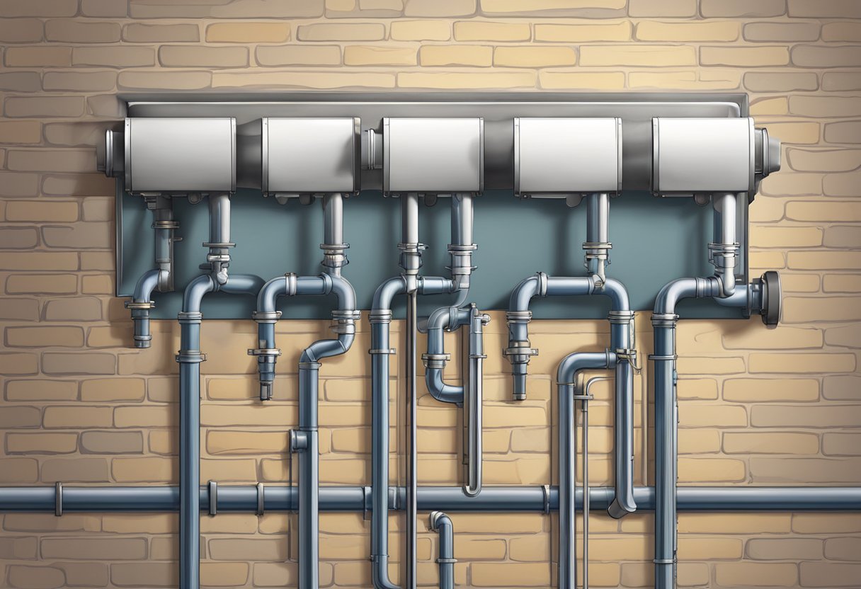 Seven water pipes in a wall are leaking