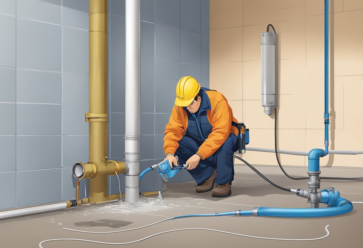 A professional engineer uses equipment to assess and locate a water pipe leak within a wall