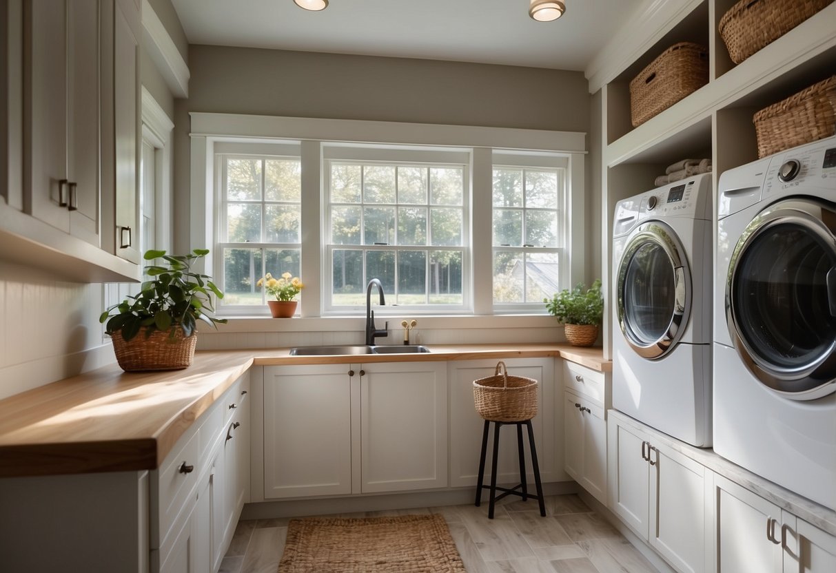 A mudroom with built-in storage, a laundry sink, and a washer and dryer. Natural light streams in through a window, illuminating the clean, organized space